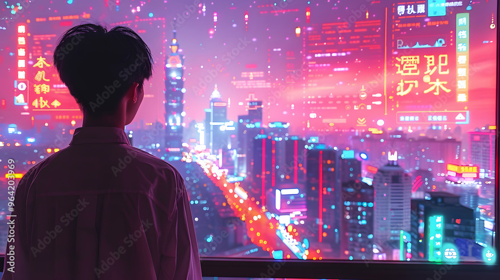 A man stands gazing over a vibrant neon-lit futuristic city at night, with glowing skyscrapers and digital displays filling the skyline A man stands gazing over a vibrant neon-lit futuristic city at night, with glowing skyscrapers and digital displays filling the skyline