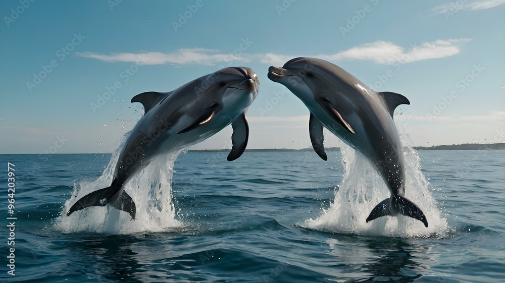 Naklejka premium Two Dolphins leap out of the water