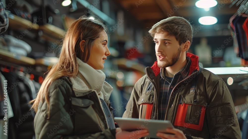 Two retail workers discussing inventory on a tablet in a brightly lit clothing store. Two retail workers discussing inventory on a tablet in a brightly lit clothing store.