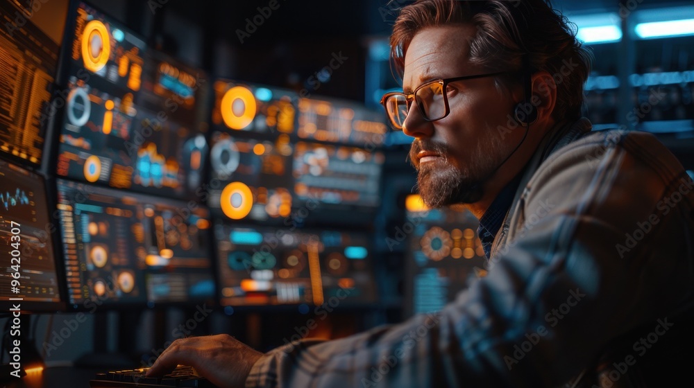 A programmer coding on a computer with multiple monitors in a dimly lit, focused, and intense atmosphere. A programmer coding on a computer with multiple monitors in a dimly lit, focused, and intense atmosphere.