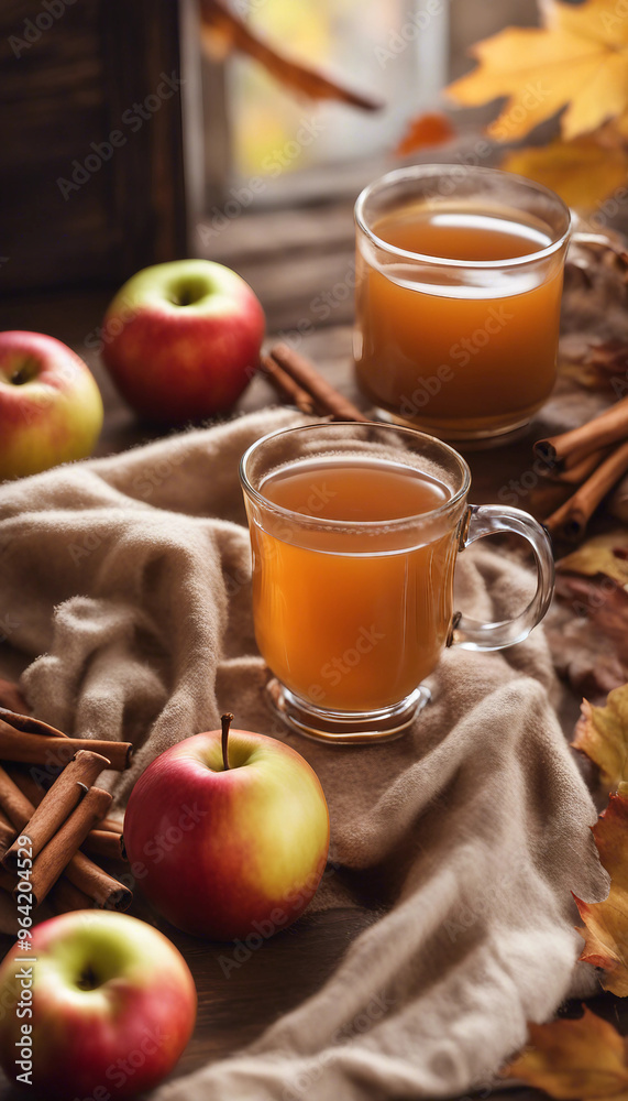 two cups of warm cider, fresh apples, cinnamon sticks, and a soft beige blanket surrounded by fallen leaves. The warm tones and arrangement suggest a relaxing atmosphere. two cups of warm cider, fresh apples, cinnamon sticks, and a soft beige blanket surrounded by fallen leaves. The warm tones and arrangement suggest a relaxing atmosphere.