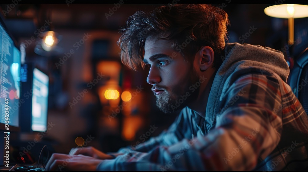 A software developer writing code on a computer in a dimly lit, concentrated, and quiet environment. A software developer writing code on a computer in a dimly lit, concentrated, and quiet environment.