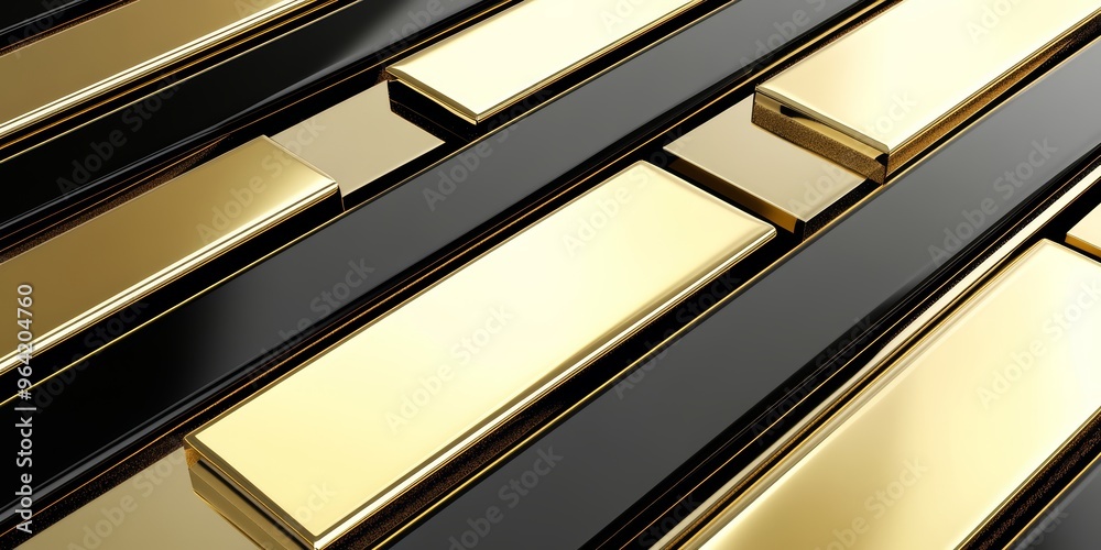 Obraz premium Gold bars are neatly arranged on a black surface, emphasizing a modern and luxurious aesthetic often associated with wealth