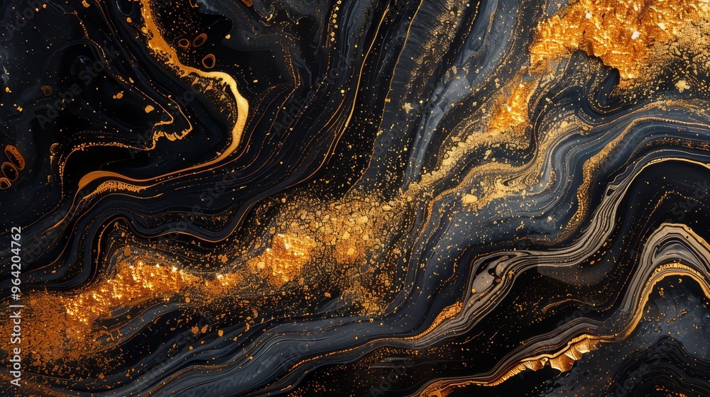 A mesmerizing abstract design featuring swirling black and gold patterns, evoking a sense of elegance and luxury. A mesmerizing abstract design featuring swirling black and gold patterns, evoking a sense of elegance and luxury.