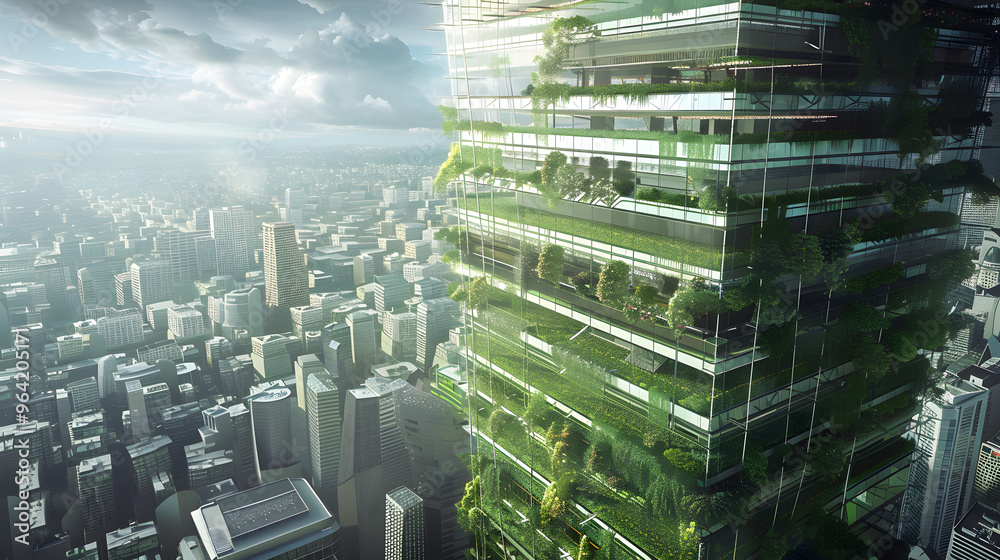 Obraz premium An urban vertical farm skyscraper with integrated algae bioreactors for energy production 