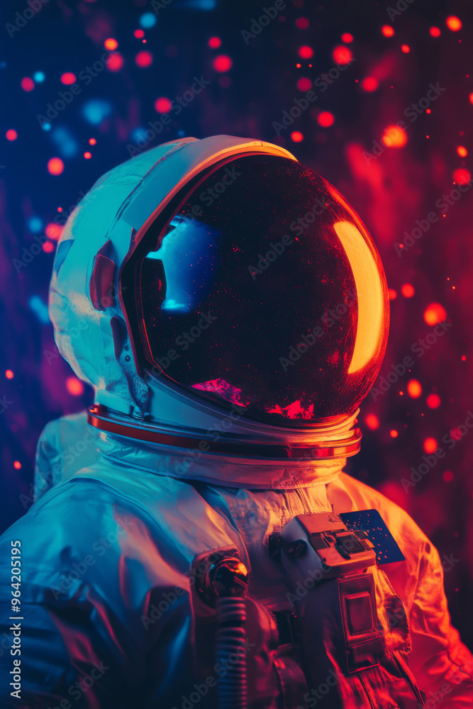 Astronaut wearing helmet against abstract cosmic background. Man in spacesuit with neon lighting and glitch effect Astronaut wearing helmet against abstract cosmic background. Man in spacesuit with neon lighting and glitch effect