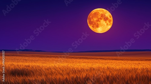 A breathtaking scene of a Harvest Full Moon rising above a vast field of golden wheat.