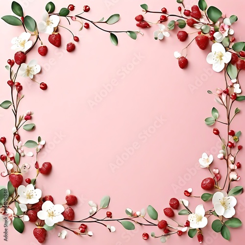 Elegant invitation card embellished with strawbwerry branches spring colors Frame. Ai Generated photo