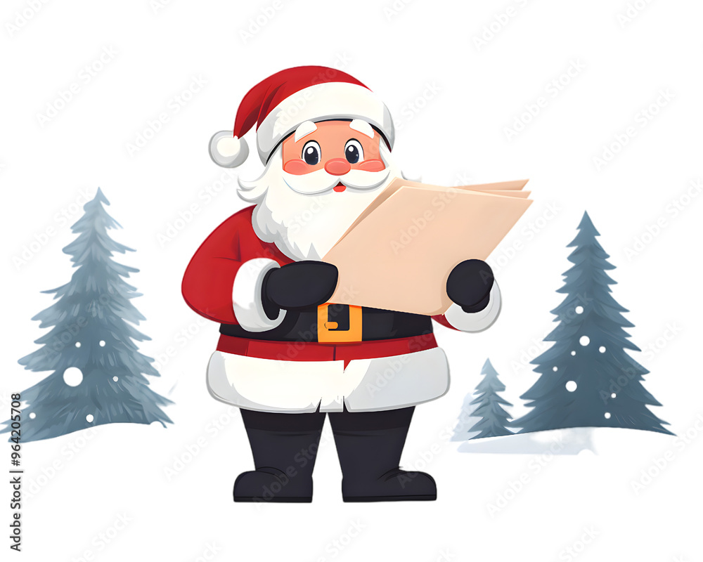 Fototapeta premium Cartoon illustration of Santa Claus holding empty paper or wish list isolated on transparent background. Merry Christmas and Happy New Year.