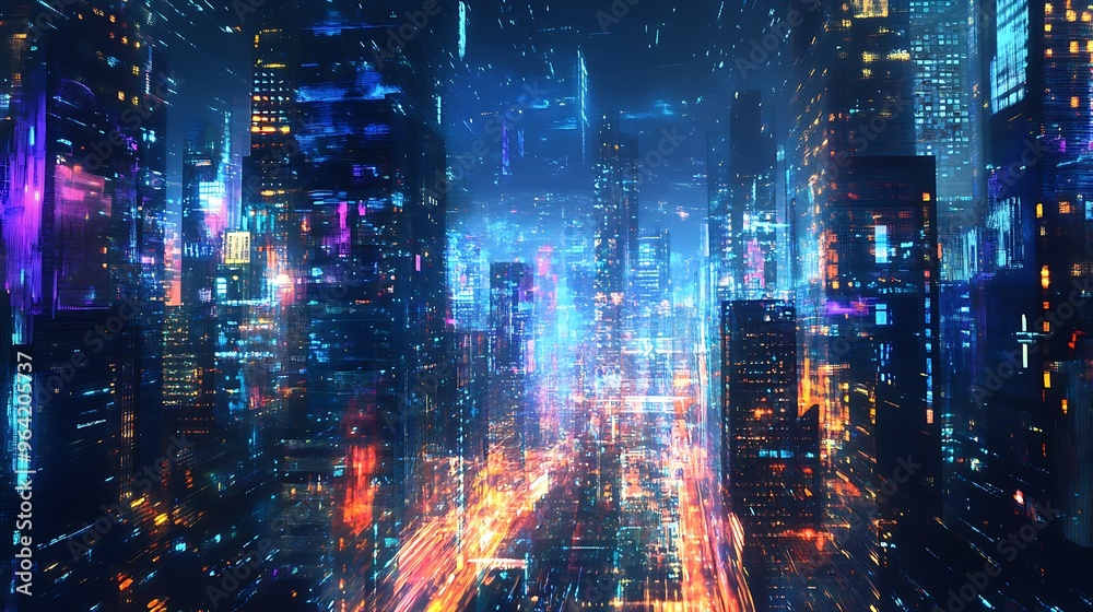 A vibrant, colorful city skyline at night with glowing lights and a futuristic feel, possibly rendered with digital art techniques. A vibrant, colorful city skyline at night with glowing lights and a futuristic feel, possibly rendered with digital art techniques.