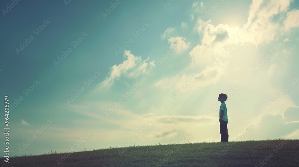 Contemplative Young Boy Standing Alone on a Peaceful Hill Under Majestic Sky Contemplative Young Boy Standing Alone on a Peaceful Hill Under Majestic Sky