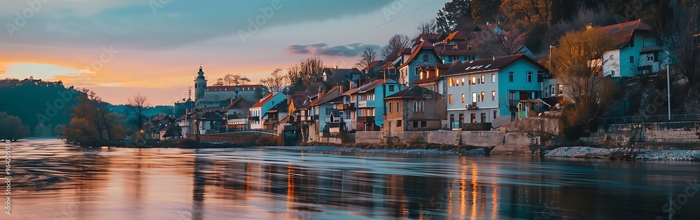 Obraz premium Town scape with River Elbe at sunset
