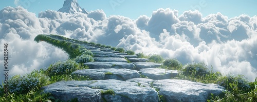 Stone stairway leading upwards through clouds towards a mountain peak, suggesting a journey or a path to success.