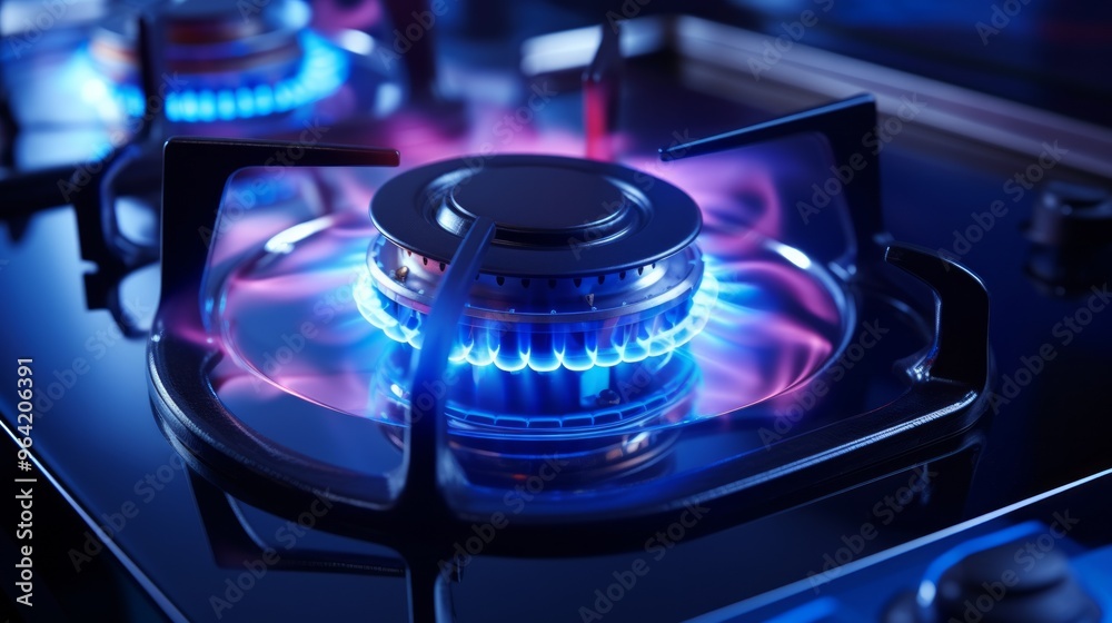 Burning gas flame on gas stove with blurred background. Neural network ai generated art Burning gas flame on gas stove with blurred background. Neural network ai generated art