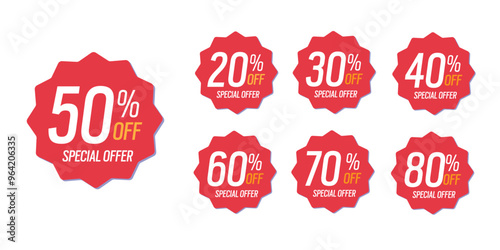 Special offer discounts label starting from 20, 30, 40, 50, 60, 70, 80 percent off. vector discount sticker red.