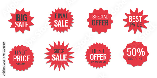 Red starburst sale stickers super sale stickers and tags collection and badges with best offer and discount signs vector.
