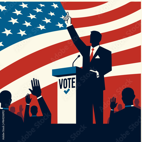 A depiction of a man and woman, each raising their hand to cast a vote and delivering speeches, symbolizing active participation in democracy
