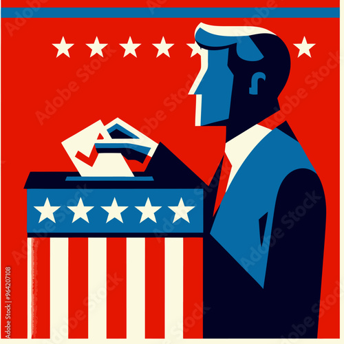 A depiction of a man and woman, each raising their hand to cast a vote and delivering speeches, symbolizing active participation in democracy
