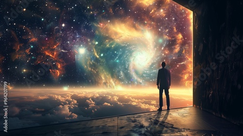 Man Looking at Vast Galaxy and Nebula Above Clouds Illustration â€“ Cosmic Exploration and Dreamy Sky photo