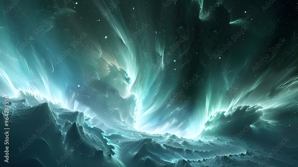 Arctic aurora borealis where light curtains weave into fiber optic tapestries and ice crystals form fractal antenna patterns 