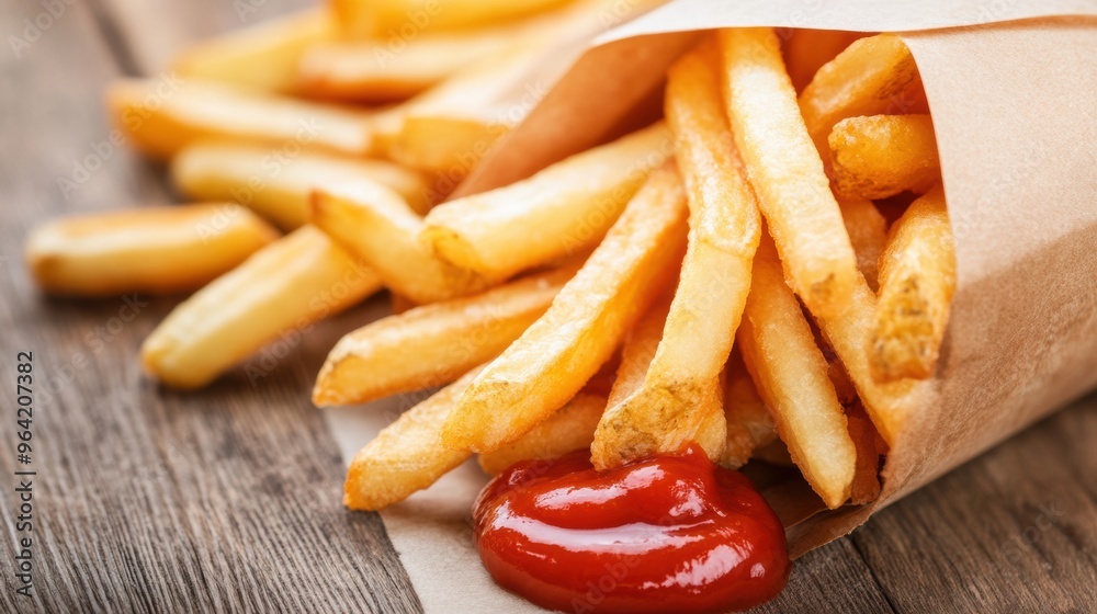 A close up of a bag with french fries and ketchup, AI A close up of a bag with french fries and ketchup, AI