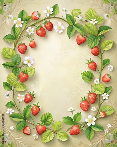 Elegant invitation card embellished with strawbwerry branches spring colors Frame. Ai Generated photo