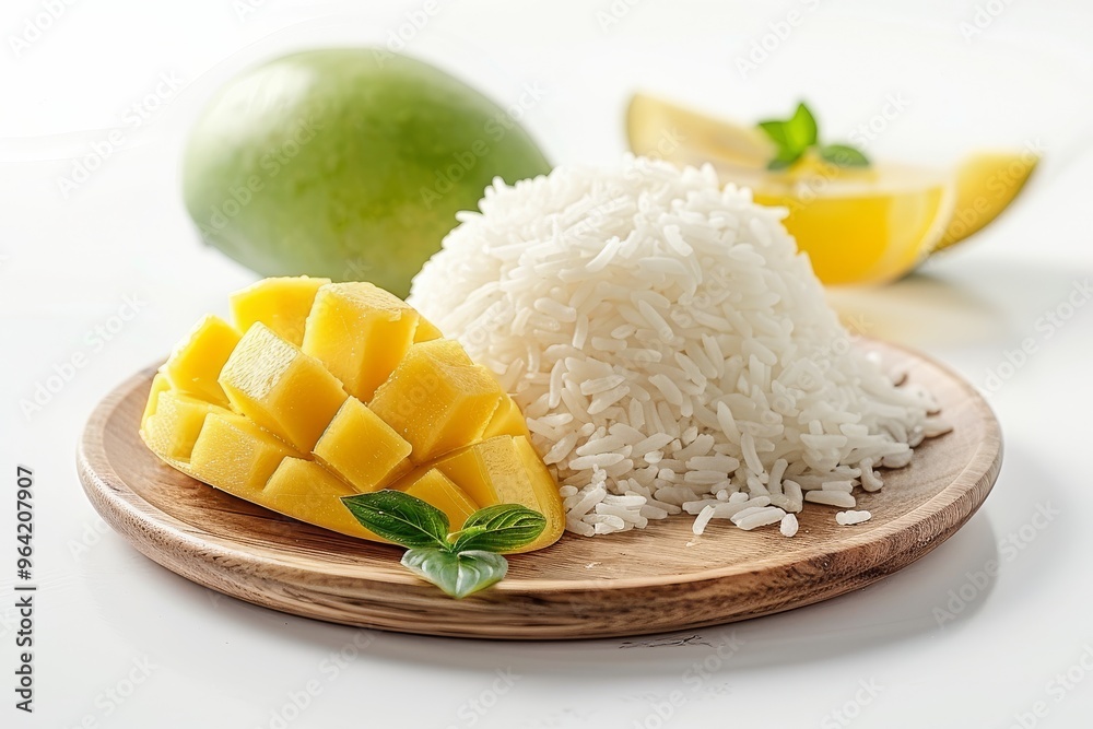 Cute mango and rice on a wooden plate with white background, high resolution professional color grading, soft shadows, clear focus for food advertising. Cute mango and rice on a wooden plate with white background, high resolution professional color grading, soft shadows, clear focus for food advertising.