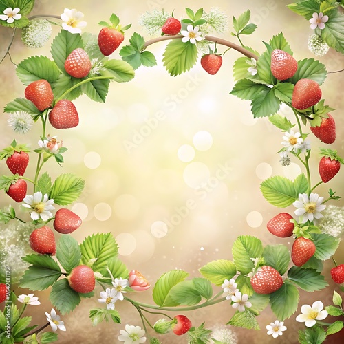 Elegant invitation card embellished with strawbwerry branches spring colors Frame. Ai Generated photo