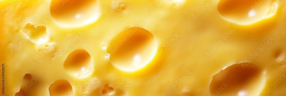 A detailed closeup of a textured yellow cheese slice featuring distinctive holes and patterns A detailed closeup of a textured yellow cheese slice featuring distinctive holes and patterns