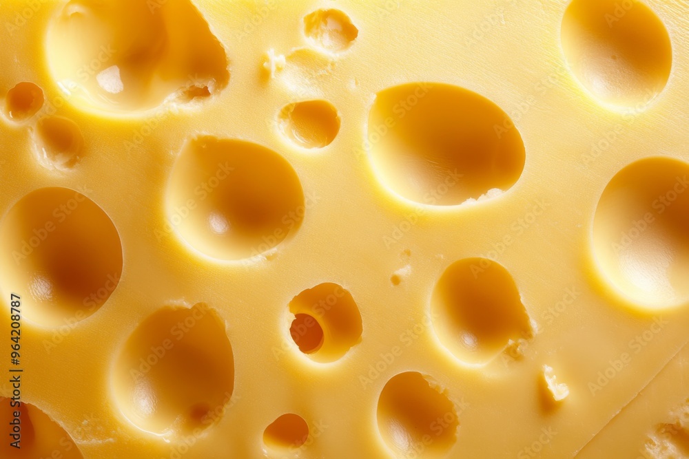 A detailed closeup of a textured yellow cheese slice featuring distinctive holes and patterns A detailed closeup of a textured yellow cheese slice featuring distinctive holes and patterns