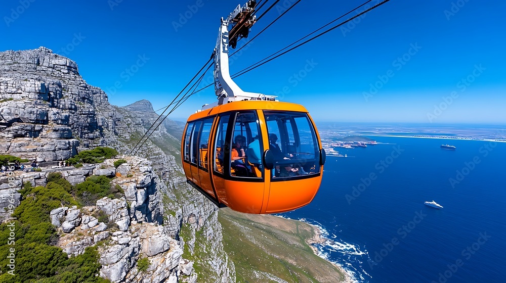 Fototapeta premium Take a cable car up Table Mountain in South Africa, offering panoramic views of Cape Town and the Atlantic Ocean.