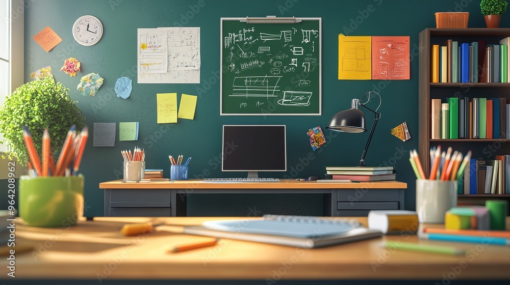 A teacher's desk in a classroom, organized with books, a computer, and back-to-school decorations