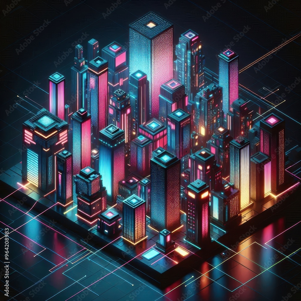 abstract futuristic city, neon-lit glowing cubes and platforms, cyber futuristic architecture, geometric shapes, synthwave neon colors, cyberpunk style, digital utopia, virtual reality world, retro vi abstract futuristic city, neon-lit glowing cubes and platforms, cyber futuristic architecture, geometric shapes, synthwave neon colors, cyberpunk style, digital utopia, virtual reality world, retro vi