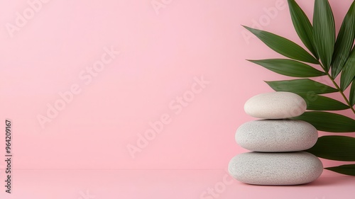A serene composition of stacked stones and green leaves on a soft pink background, perfect for wellness and relaxation themes. photo