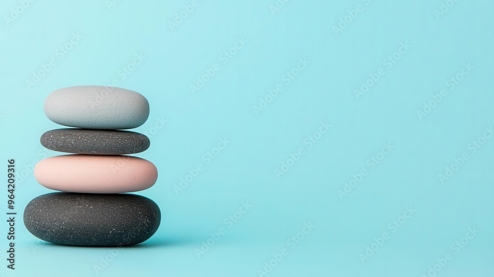 A serene stack of smooth stones in pastel colors against a calming blue background, perfect for wellness and tranquility themes. A serene stack of smooth stones in pastel colors against a calming blue background, perfect for wellness and tranquility themes.