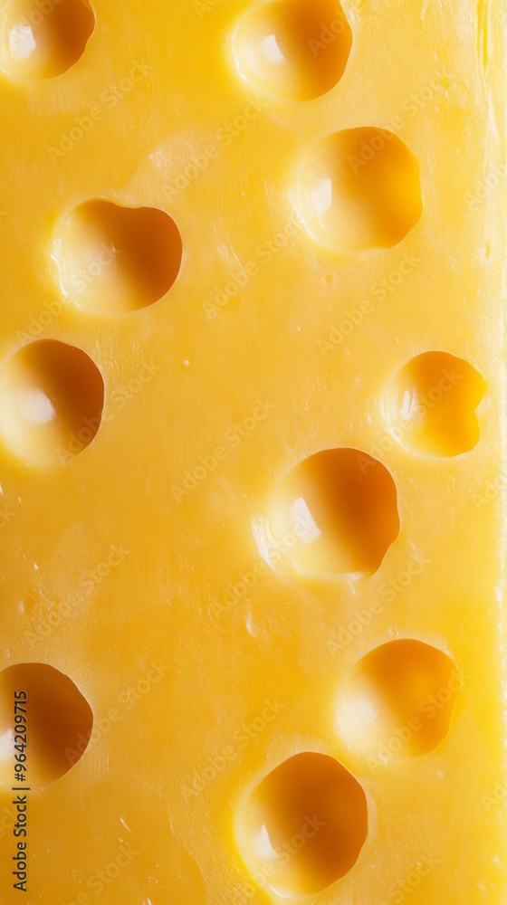 A detailed closeup of a textured yellow cheese slice featuring distinctive holes and patterns A detailed closeup of a textured yellow cheese slice featuring distinctive holes and patterns
