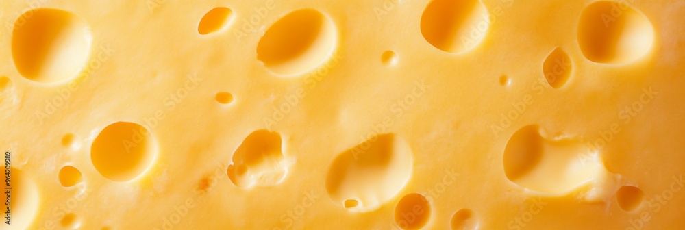 A detailed closeup of a textured yellow cheese slice featuring distinctive holes and patterns A detailed closeup of a textured yellow cheese slice featuring distinctive holes and patterns