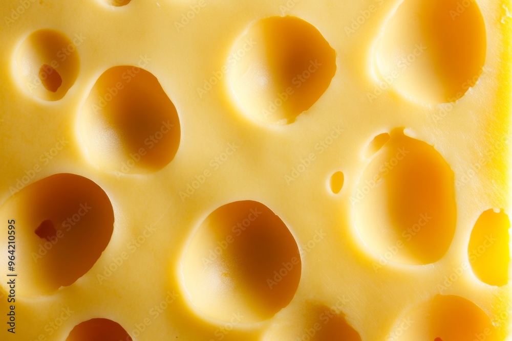 A detailed closeup of a textured yellow cheese slice featuring distinctive holes and patterns A detailed closeup of a textured yellow cheese slice featuring distinctive holes and patterns