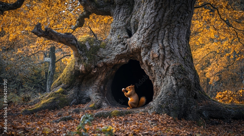 Autumnal oak tree with a large cavity hosting a joyful squirrel holding an acorn. Autumnal oak tree with a large cavity hosting a joyful squirrel holding an acorn.