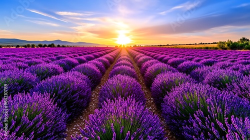 Walk through the lavender fields in Provence, France, as the fragrant purple blooms stretch for miles under the summer sun.  photo