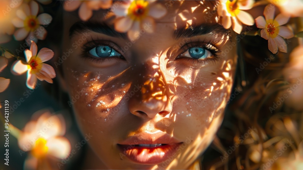 A woman's face with vibrant, intricate floral designs, creating an artistic and expressive atmosphere. A woman's face with vibrant, intricate floral designs, creating an artistic and expressive atmosphere.