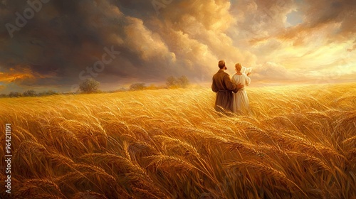 Bountiful harvest amidst waving barley, a prayerful Christian and sacred scripture, a canvas of gratitude and thanksgiving.