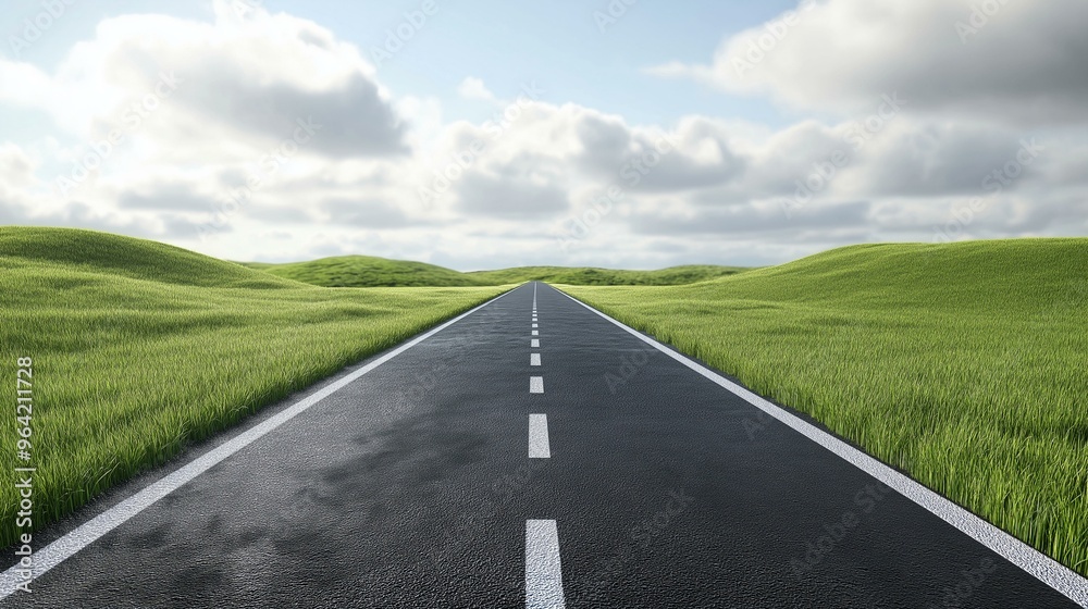 Open Road Through Verdant Landscape Under Bright Sky, Symbolizing Journey and Endless Possibilities Open Road Through Verdant Landscape Under Bright Sky, Symbolizing Journey and Endless Possibilities