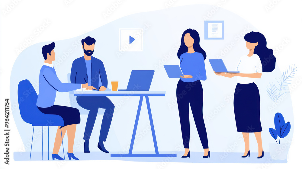 Obraz premium A group of people are working on laptops at a table, AI