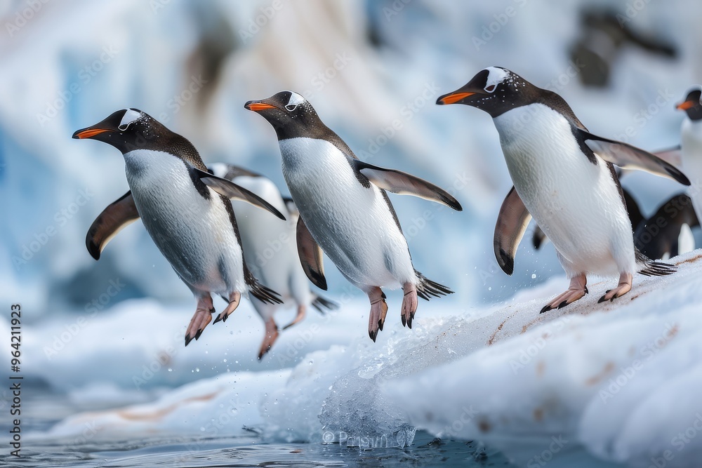 Fototapeta premium Penguins jumping off an ice floe into Antarctic water, high resolution with professional color grading, soft shadows, and clean sharp focus, macro shot.