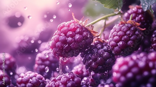 Close-up of ripe blackberries with water droplets.