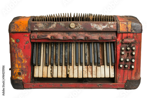 an old accordion with rusted keys