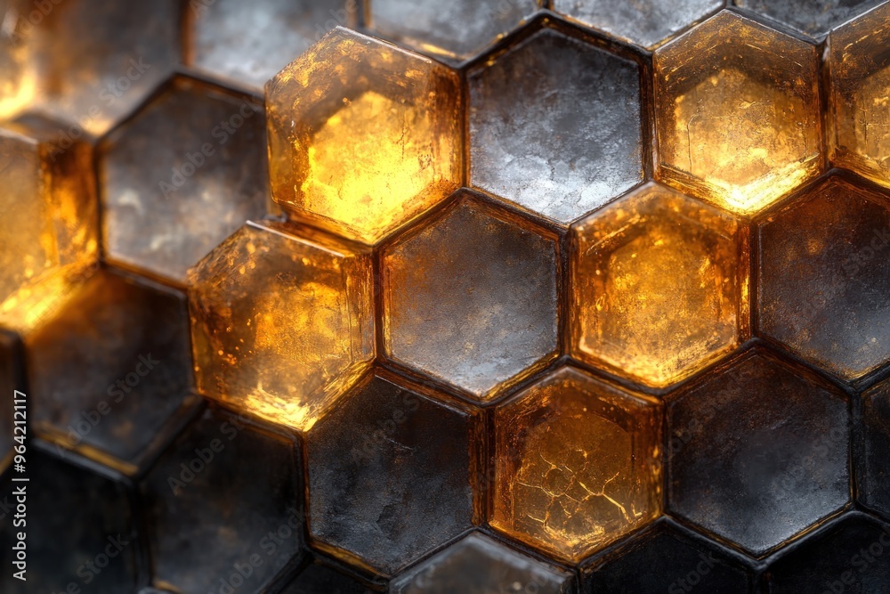 Close-up of a honeycomb with golden hexagonal cells. Close-up of a honeycomb with golden hexagonal cells.