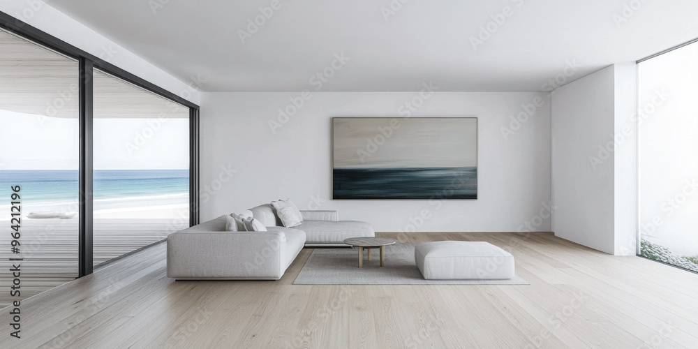 Fototapeta premium Living room in a luxury Mediterranean villa next to the sea with minimalist decor and coastal furniture. Luxury Real Estate homes interior design.