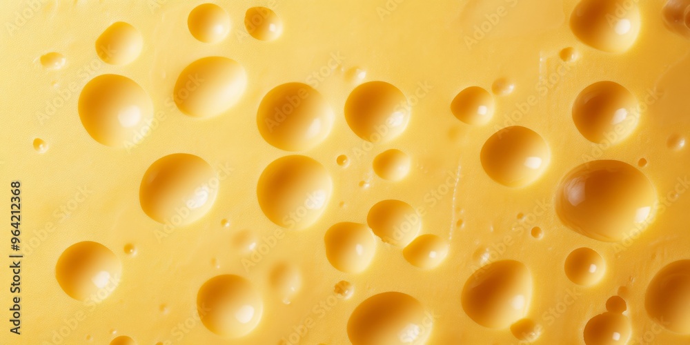 Texture of yellow cheese with large holes close up. Detailed photo of cheese surface in macro